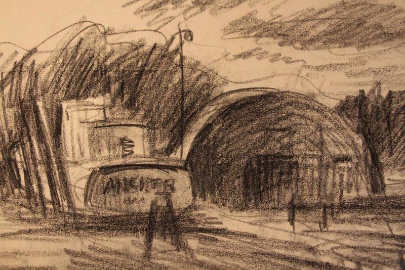 "Lewes Boatyard," 1953, pencil and charcoal